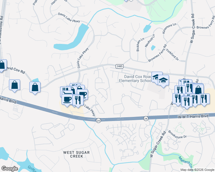map of restaurants, bars, coffee shops, grocery stores, and more near 8421 Cleve Brown Road in Charlotte