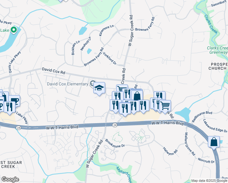 map of restaurants, bars, coffee shops, grocery stores, and more near Feathergrass Drive in Charlotte