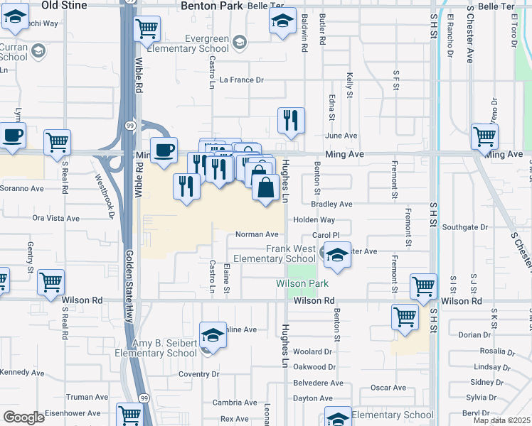 map of restaurants, bars, coffee shops, grocery stores, and more near 2501 Ming Avenue in Bakersfield