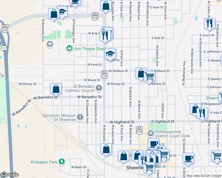 map of restaurants, bars, coffee shops, grocery stores, and more near 650 North Louisa Avenue in Shawnee