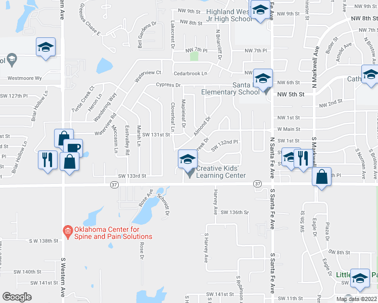 map of restaurants, bars, coffee shops, grocery stores, and more near 13305 Springcreek Drive in Oklahoma City