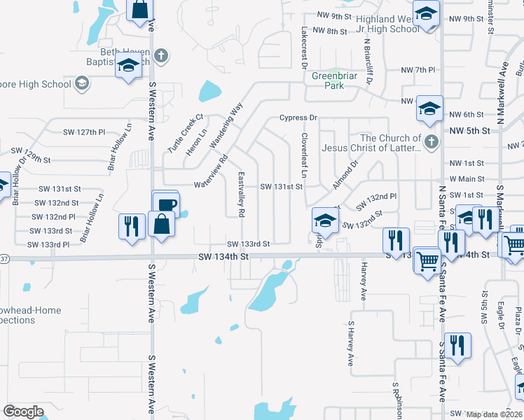 map of restaurants, bars, coffee shops, grocery stores, and more near 13216 Turtle Creek Drive in Oklahoma City