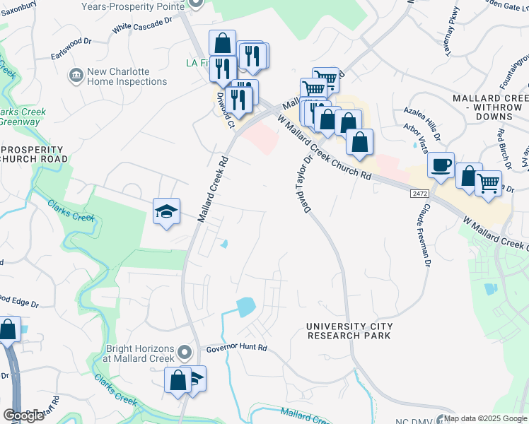 map of restaurants, bars, coffee shops, grocery stores, and more near 2416 Alexander Road in Charlotte