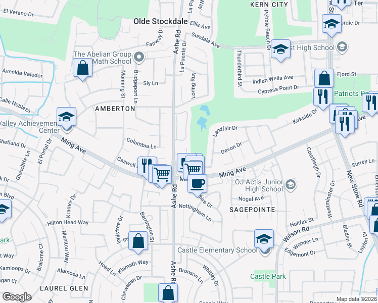 map of restaurants, bars, coffee shops, grocery stores, and more near 2000 Ashe Road in Bakersfield