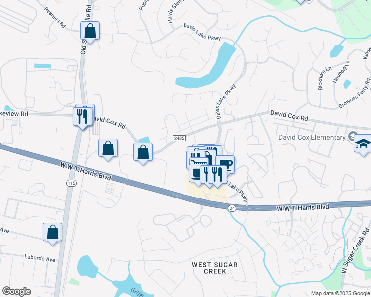 map of restaurants, bars, coffee shops, grocery stores, and more near 4973 David Cox Road in Charlotte