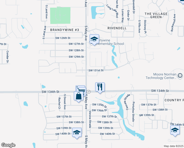 map of restaurants, bars, coffee shops, grocery stores, and more near 13200 South May Avenue in Oklahoma City