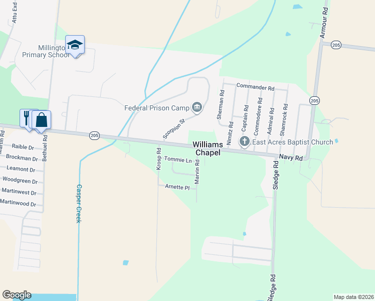 map of restaurants, bars, coffee shops, grocery stores, and more near 6751 Navy Road in Millington