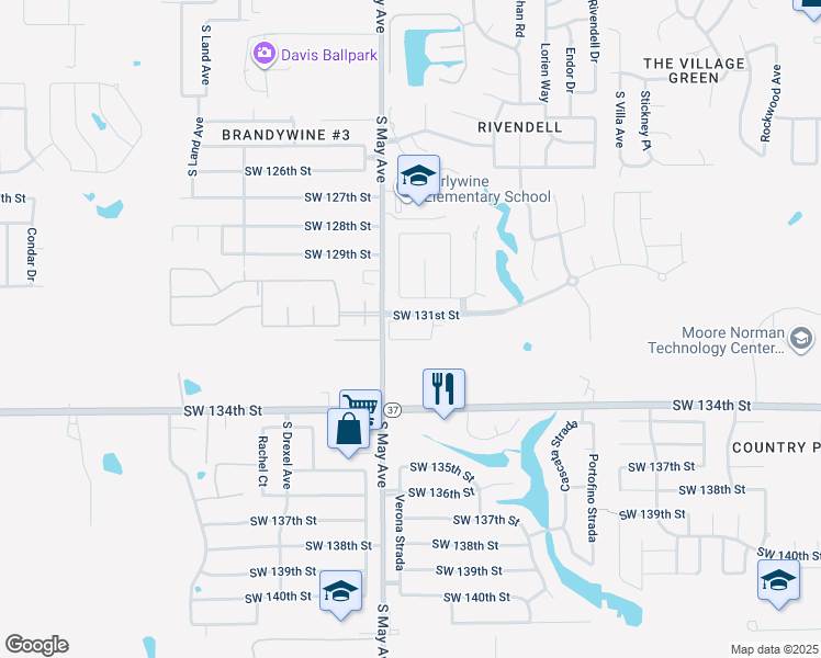 map of restaurants, bars, coffee shops, grocery stores, and more near 13200 South May Avenue in Oklahoma City