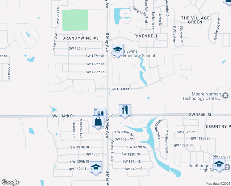 map of restaurants, bars, coffee shops, grocery stores, and more near 13200 South May Avenue in Oklahoma City