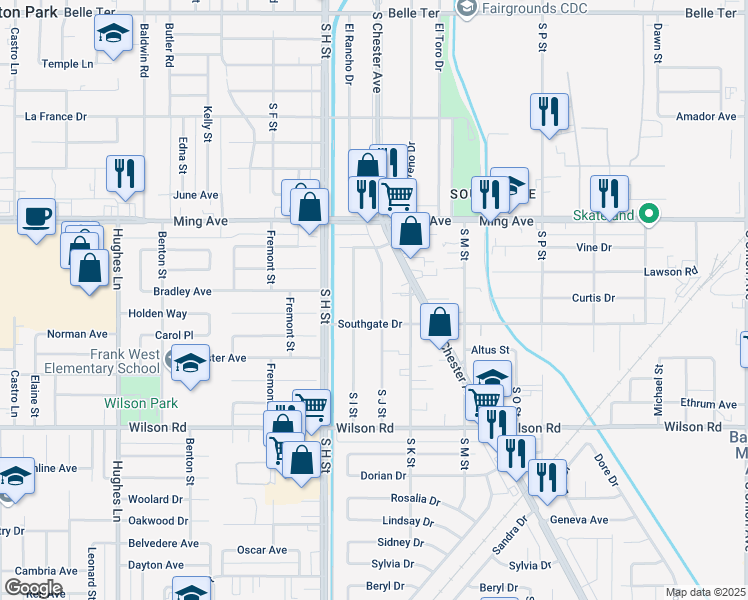 map of restaurants, bars, coffee shops, grocery stores, and more near 1917 South J Street in Bakersfield