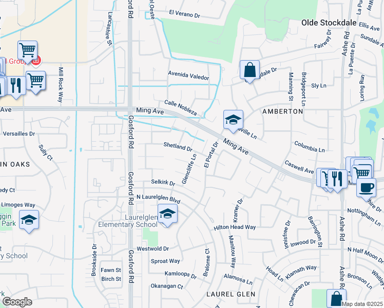 map of restaurants, bars, coffee shops, grocery stores, and more near 1925 Glenbarr Court in Bakersfield
