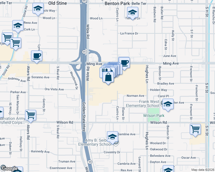 map of restaurants, bars, coffee shops, grocery stores, and more near 2901 Ming Avenue in Bakersfield
