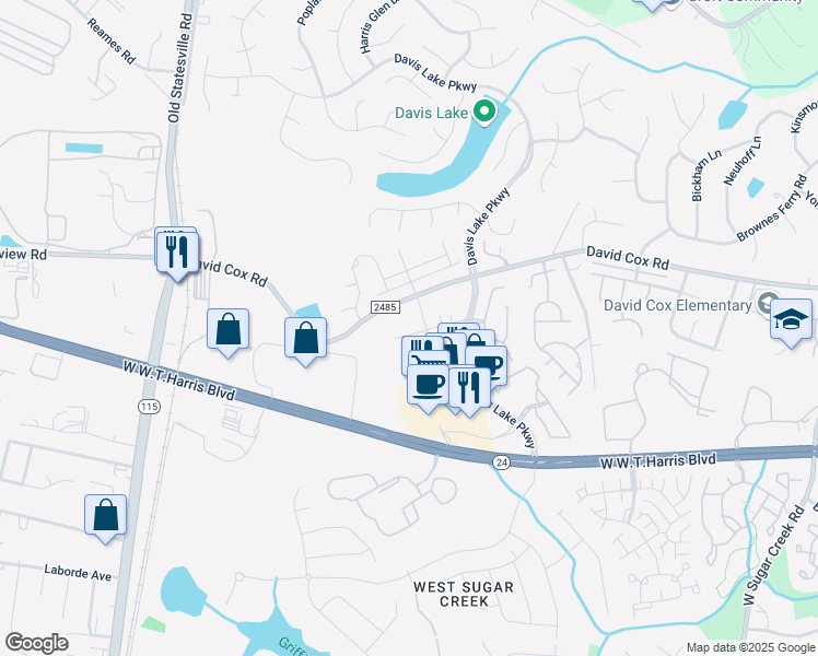 map of restaurants, bars, coffee shops, grocery stores, and more near 4973 David Cox Road in Charlotte
