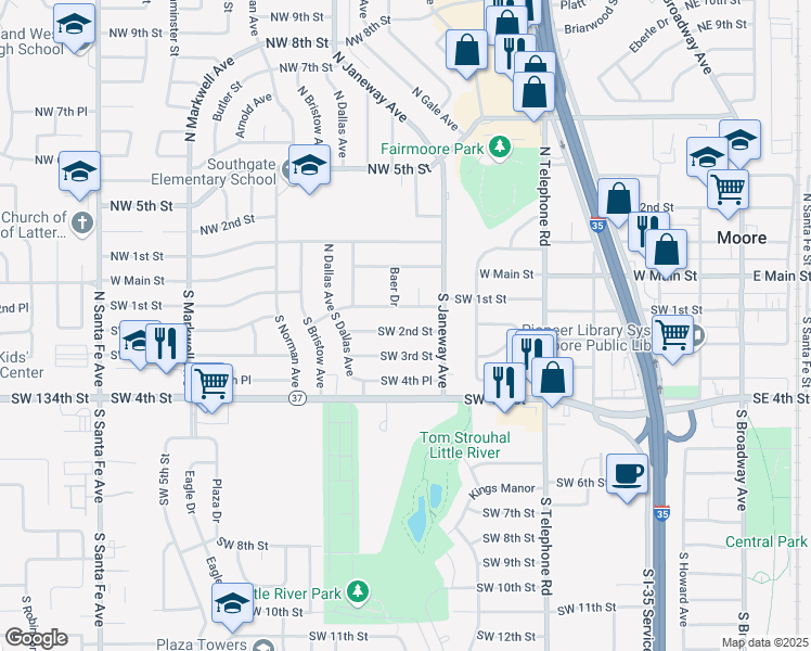 map of restaurants, bars, coffee shops, grocery stores, and more near 729 Southwest 2nd Street in Moore