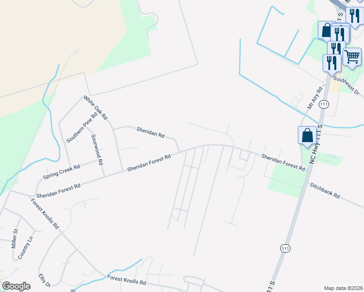 map of restaurants, bars, coffee shops, grocery stores, and more near 100 Sheridan Drive in Goldsboro