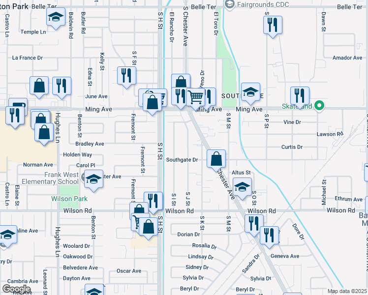 map of restaurants, bars, coffee shops, grocery stores, and more near 1917 South J Street in Bakersfield