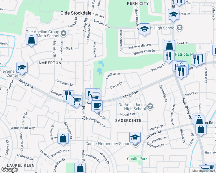 map of restaurants, bars, coffee shops, grocery stores, and more near 6412 Landfair Drive in Bakersfield