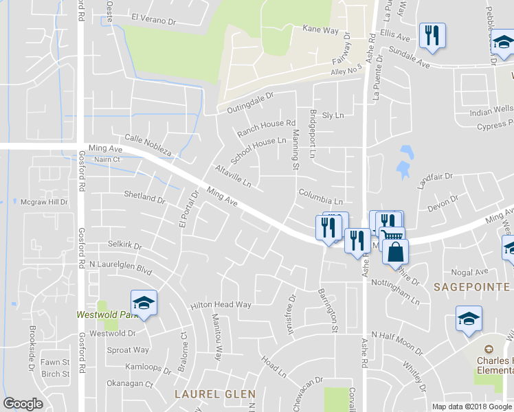 map of restaurants, bars, coffee shops, grocery stores, and more near 6901 Altaville Lane in Bakersfield