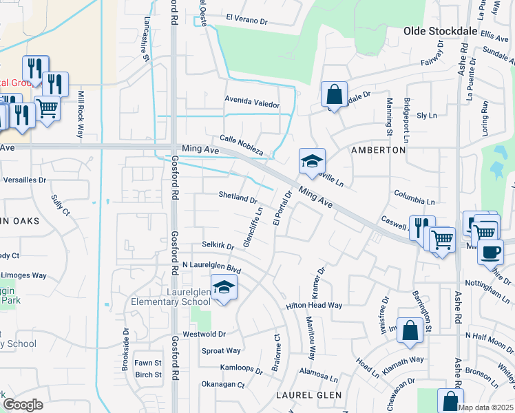 map of restaurants, bars, coffee shops, grocery stores, and more near 1925 Glenbarr Court in Bakersfield