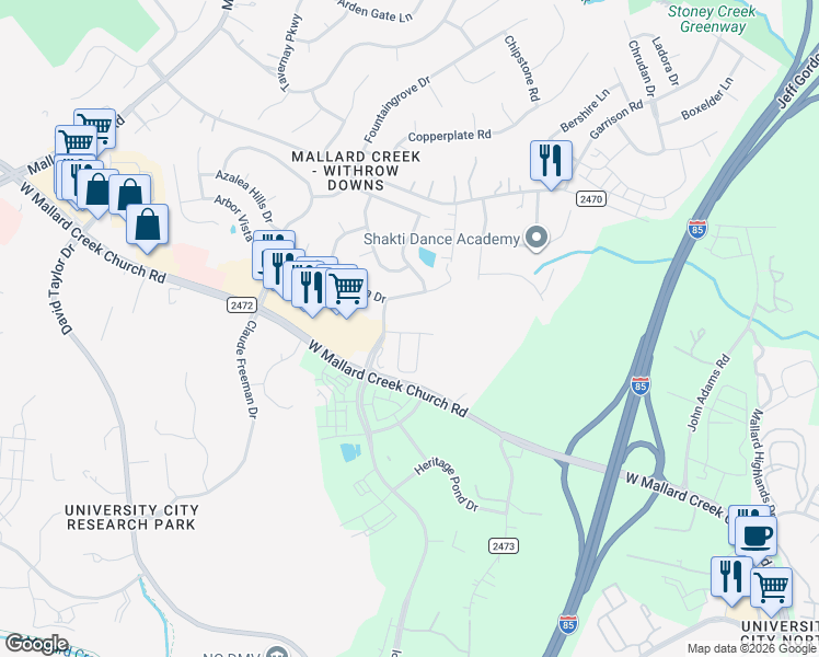 map of restaurants, bars, coffee shops, grocery stores, and more near 9546 Senator Royall Drive in Charlotte