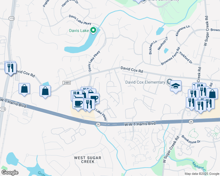 map of restaurants, bars, coffee shops, grocery stores, and more near 6317 Morningview Court in Charlotte