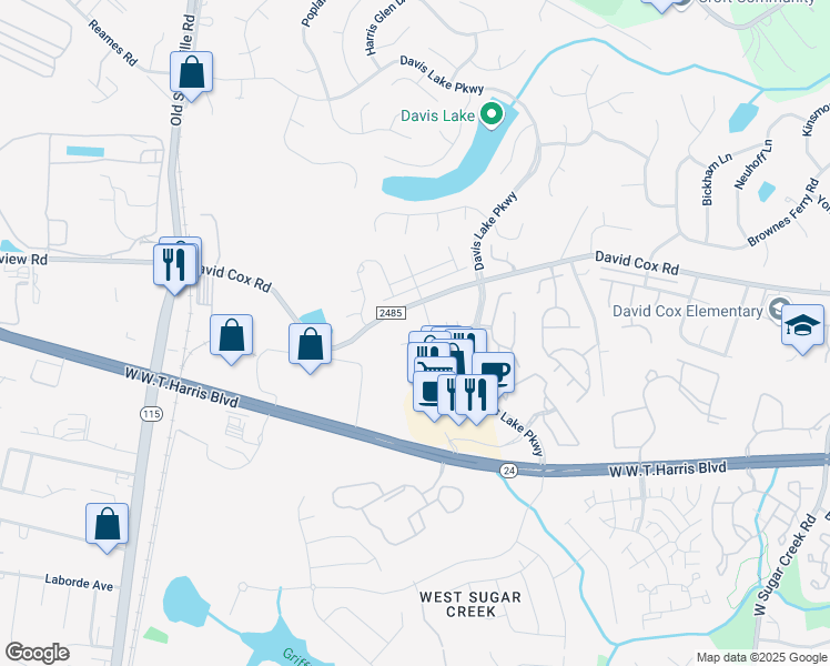 map of restaurants, bars, coffee shops, grocery stores, and more near 4973 David Cox Road in Charlotte