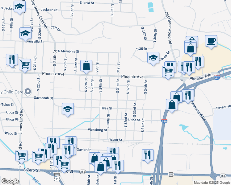 map of restaurants, bars, coffee shops, grocery stores, and more near 4800 South 31st Street in Fort Smith