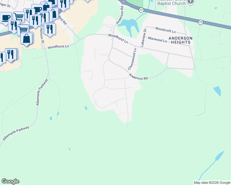 map of restaurants, bars, coffee shops, grocery stores, and more near 708 Lexington Drive in Albemarle