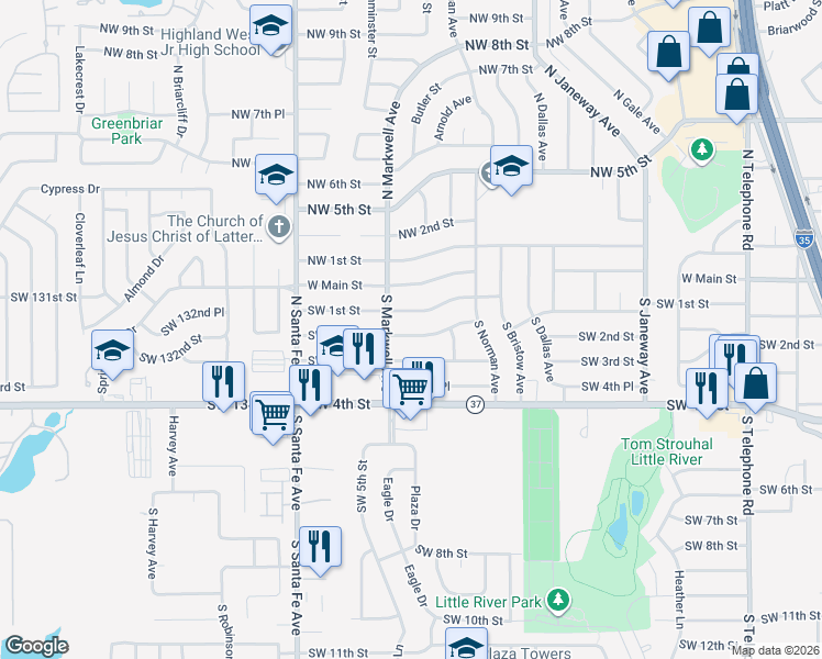 map of restaurants, bars, coffee shops, grocery stores, and more near 936 Southwest 1st Street in Moore