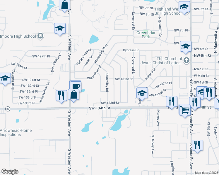 map of restaurants, bars, coffee shops, grocery stores, and more near 13212 Eastvalley Road in Oklahoma City