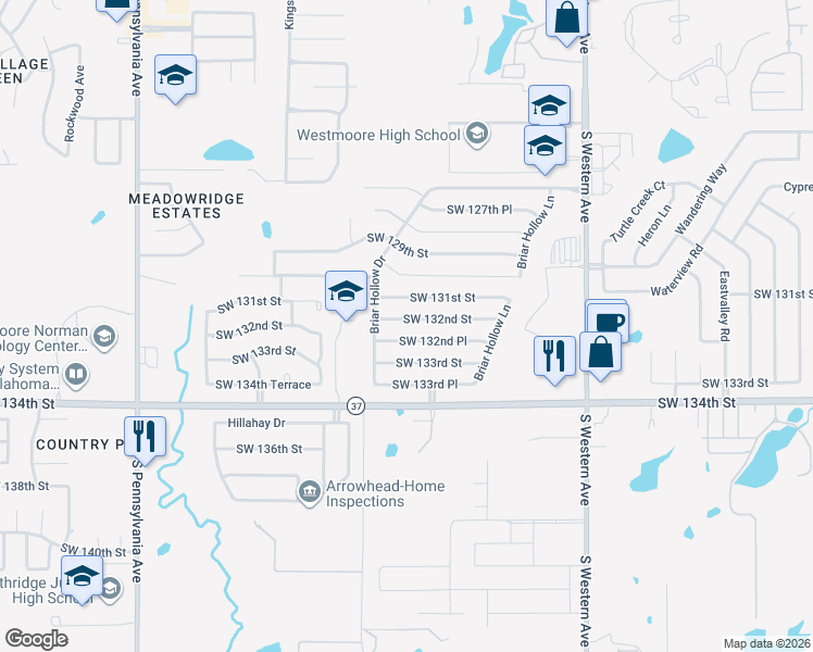 map of restaurants, bars, coffee shops, grocery stores, and more near 1223 Southwest 132nd Street in Oklahoma City
