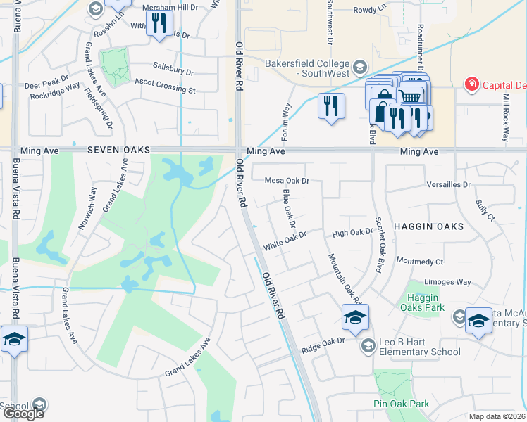 map of restaurants, bars, coffee shops, grocery stores, and more near 1905 Camden Oak Court in Bakersfield