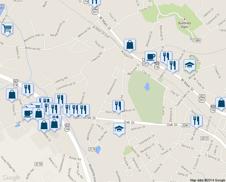 map of restaurants, bars, coffee shops, grocery stores, and more near 209 Westwood Drive in Forest City