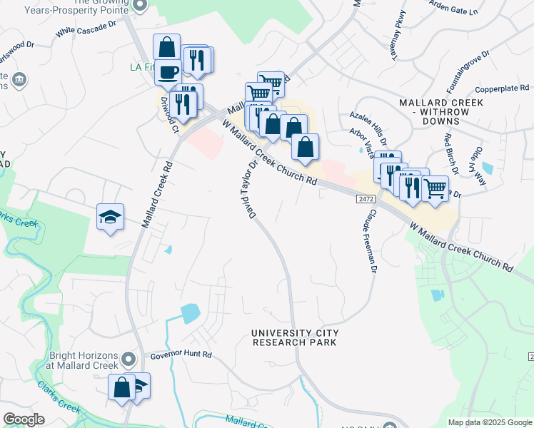 map of restaurants, bars, coffee shops, grocery stores, and more near 10714 David Taylor Drive in Charlotte