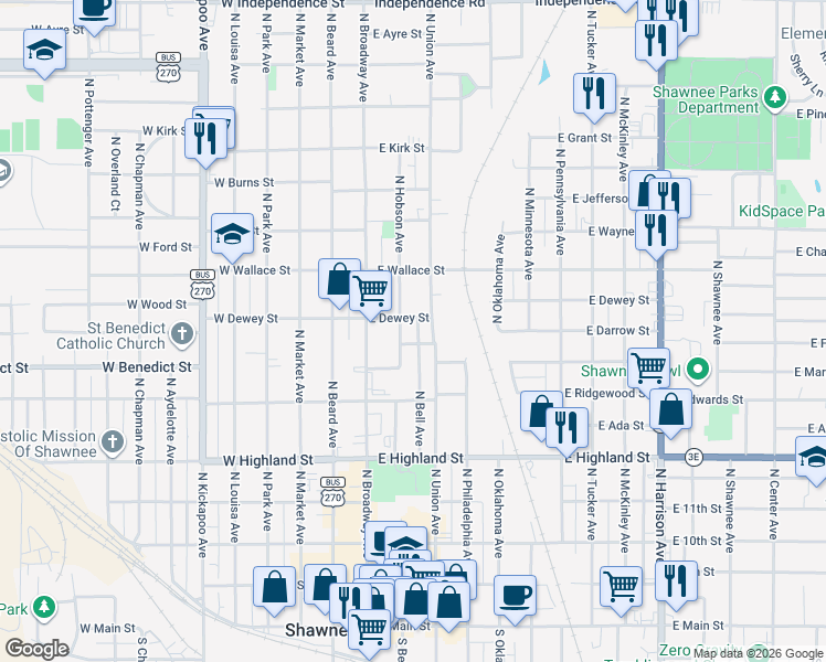 map of restaurants, bars, coffee shops, grocery stores, and more near 658 North Union Avenue in Shawnee