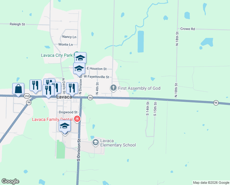 map of restaurants, bars, coffee shops, grocery stores, and more near 6 State Highway 253 in Lavaca