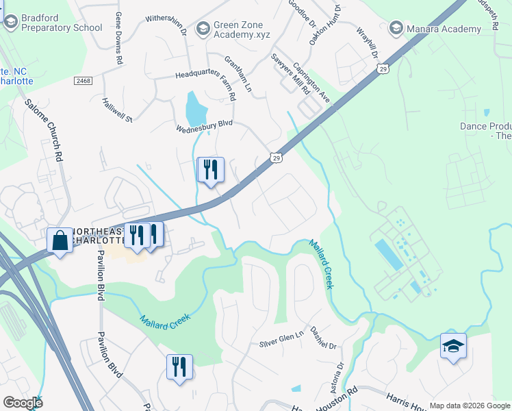 map of restaurants, bars, coffee shops, grocery stores, and more near 13804 Circle Drive in Charlotte