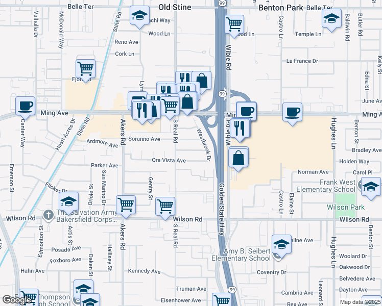 map of restaurants, bars, coffee shops, grocery stores, and more near 3515 Westchester Avenue in Bakersfield