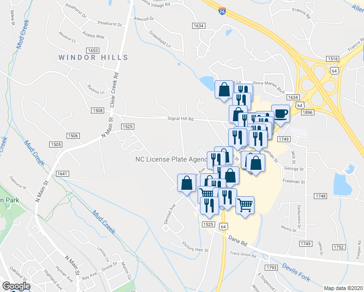 map of restaurants, bars, coffee shops, grocery stores, and more near 319A Linda Vista Drive in Hendersonville