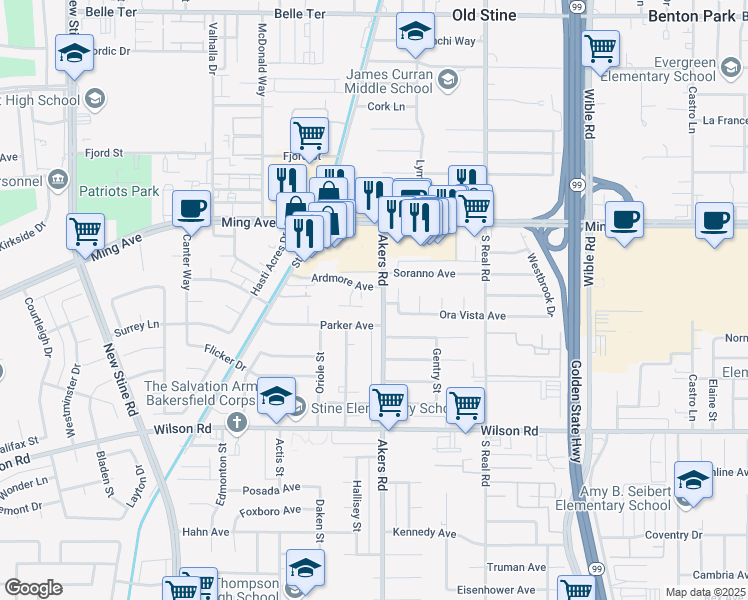 map of restaurants, bars, coffee shops, grocery stores, and more near 1939 Driftwood Street in Bakersfield