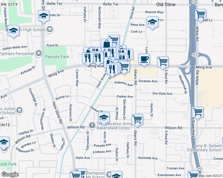 map of restaurants, bars, coffee shops, grocery stores, and more near 1970 Stine Road in Bakersfield