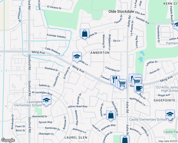 map of restaurants, bars, coffee shops, grocery stores, and more near 7124 Ming Avenue in Bakersfield