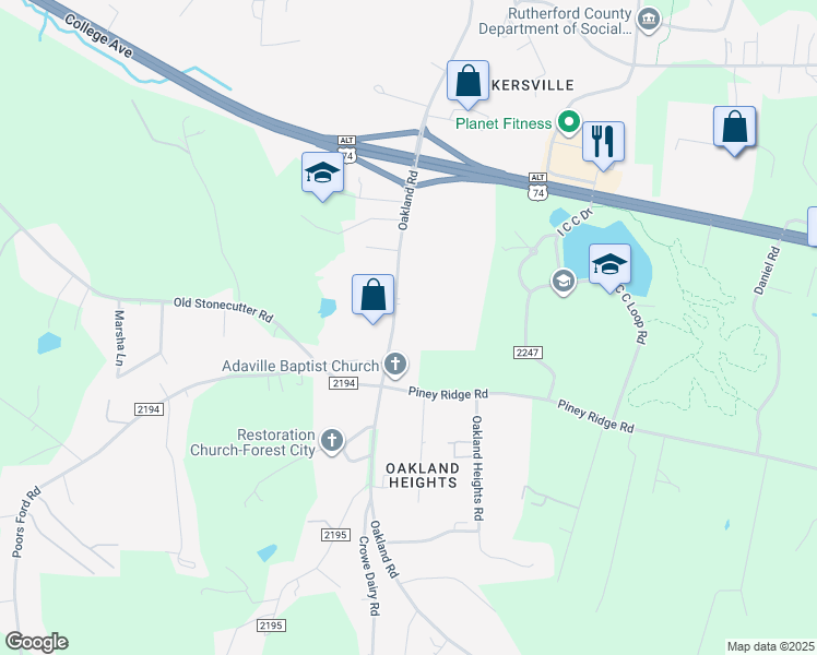 map of restaurants, bars, coffee shops, grocery stores, and more near 733 Oakland Road in Spindale
