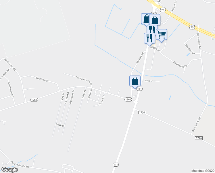 map of restaurants, bars, coffee shops, grocery stores, and more near 102 Jonathan Place in Goldsboro