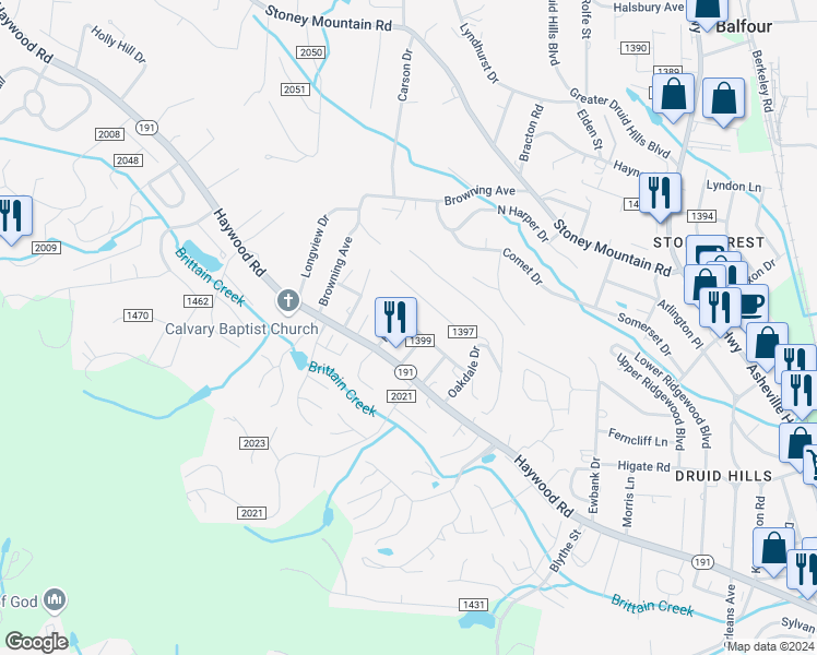 map of restaurants, bars, coffee shops, grocery stores, and more near 535 Glenview Avenue in Hendersonville