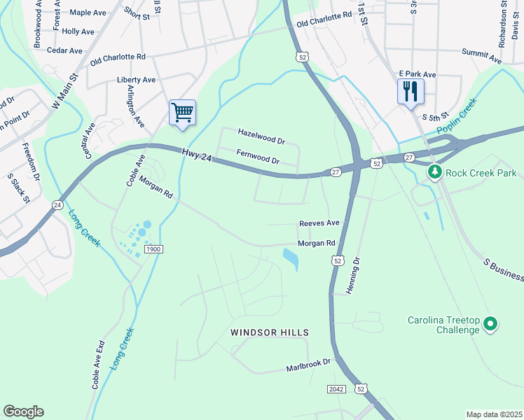 map of restaurants, bars, coffee shops, grocery stores, and more near 505 Wesley Heights Drive in Albemarle