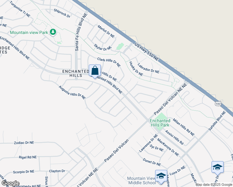 map of restaurants, bars, coffee shops, grocery stores, and more near 7037 Albany Hills Drive Northeast in Rio Rancho