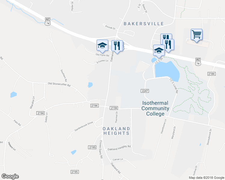 map of restaurants, bars, coffee shops, grocery stores, and more near 751 Oakland Road in Spindale