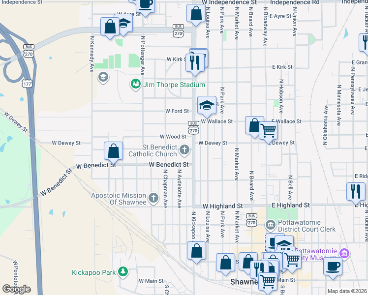 map of restaurants, bars, coffee shops, grocery stores, and more near 512 West Dewey Street in Shawnee
