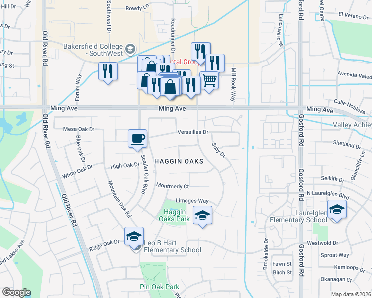map of restaurants, bars, coffee shops, grocery stores, and more near 9005 Chartres Lane in Bakersfield